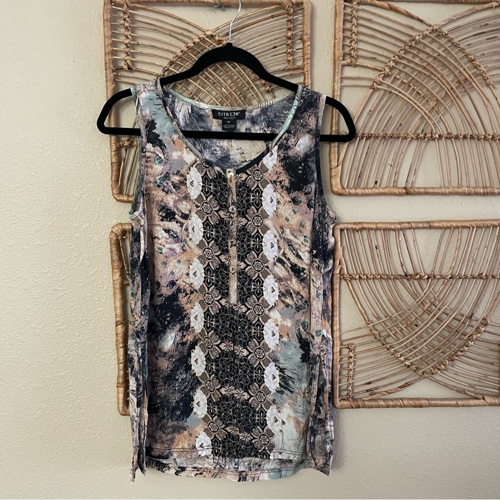 Citron Santa Monica 100% Silk Top‎ Blouse Abstract Asian Floral Artsy Sz M B6